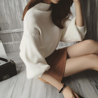 2015秋冬新款韩版纯色高领显瘦针织衫宽松蝙蝠衫套头灯笼袖毛衣女