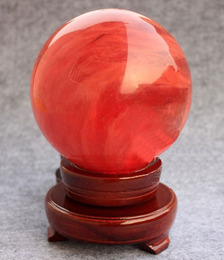 正品开光红水晶球摆件红色熔炼水晶球送旋转底座居家办公风水球
