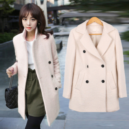 2014韩国新款女士修身毛呢外套 韩版潮式秋装长袖羊毛风衣中长款