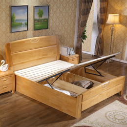 实木床 全实木橡木床 现代中式实木双人床1.8米 高箱储物纯实木床