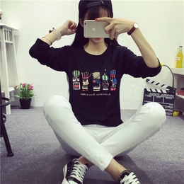2015春秋韩版女士长袖T恤宽松卡通国王印花上衣T桖套头上衣小衫