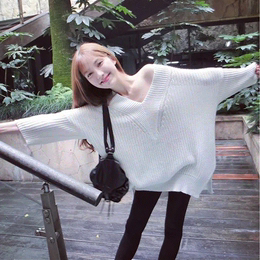 韩版秋季新款宽松V领中长款蝙蝠袖毛衣女套头学生针织上衣外套潮