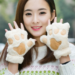 新款 半指可爱手套女秋冬熊爪手套可爱卡通猫爪手套保暖加厚毛绒