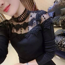 秋季新款韩版女装蕾丝高领针织上衣修身显瘦大码长袖t恤打底小衫
