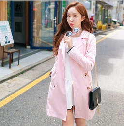 2015秋季新款韩版时尚双排扣外套长款修身显瘦系要带纯色气质风衣