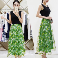 韩国2015夏季百搭款无袖修身长裙欧根纱背心两件套女装连衣裙