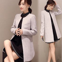 2015秋装新款韩版通勤修身圆领中长款羊毛呢子大衣毛呢外套女
