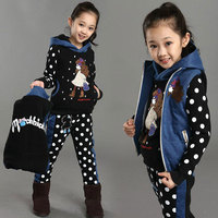 2015秋冬季新款韩版儿童女童卡通图案套装冬款加绒加厚童装三件套