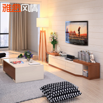 雅舍风情 电视柜 简约现代可伸缩白色烤漆茶几电视柜组合客厅家具