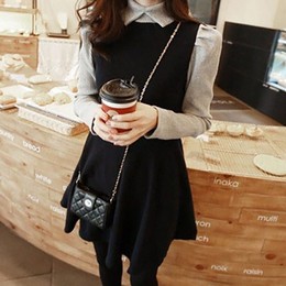 韩国代购2015秋冬款新款女装小香风显瘦假两件黑色打底毛呢连衣裙