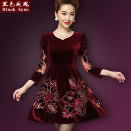 2016春装新款暗红色高档中年妈妈装七分袖丝绒连衣裙成熟优雅摆裙