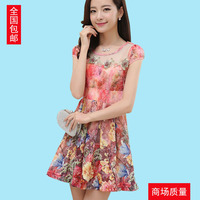 韩版夏季新款女装时尚修身印花连衣裙高端气质优雅短袖棉麻短裙子