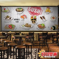 卡通日式料理食物仕女大型壁画日本餐厅火锅店小食店木纹墙纸壁纸
