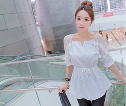 2015夏装新款韩版宽松显瘦休闲中袖镂空蕾丝中长款白色雪纺衬衫潮