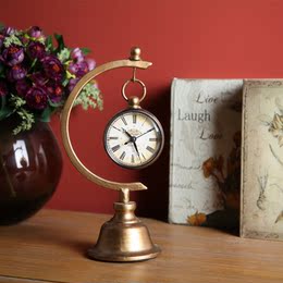 美式钟复古铁艺做旧家居饰品铁质袖珍弧柄吊钟台工艺品可摆咖啡厅