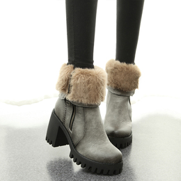 欧美 雪地靴女短靴冬季加厚保暖中筒靴粗跟高跟厚底防水台女靴子