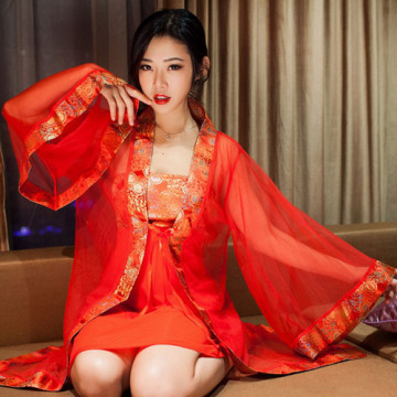 新款红衣性感网纱睡衣诱惑和服风吊带丝绸女蕾丝睡袍套装睡裙长袖