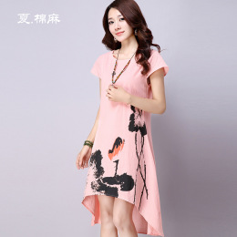 X3285 文艺范2015夏季新款 中国风水墨画棉麻宽松大码短袖连衣裙