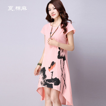 X3285 文艺范2015夏季新款 中国风水墨画棉麻宽松大码短袖连衣裙