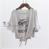 【韩】夏季超短款下摆打结可爱小猫印花宽松套头T恤罩衫4466