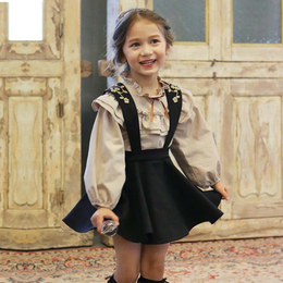 韩版童装2016秋季新款女童套装韩国绣花背带裙长袖衬衫儿童两件套