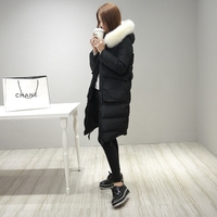 2015冬季韩版女装黑色修身加厚大码羽绒服中长款大毛领棉衣外套潮