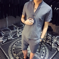 夏季新款衬衫中国风棉麻V领休闲短裤两件套装发型师修身夜店潮男T