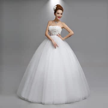 婚纱礼服2016新款韩版新娘婚纱蕾丝花朵抹胸绑带修身显瘦齐地公主