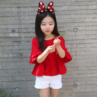 2016新款韩版童装大红色喇叭中袖上衣儿童纯棉T恤一件代发A186