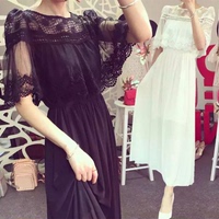 2015夏天韩系修身显瘦短袖气质蕾丝仙女长裙度假两件雪纺连衣裙子