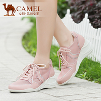Camel骆驼女鞋 简约运动风 圆头坡跟纳帕牛皮网布系带休闲女鞋