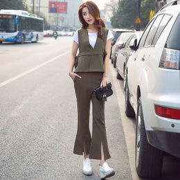 时尚套装女 2016夏韩版气质OL圆领短袖T恤纯色马甲九分裤三件套