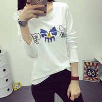 韩国新款2015秋季女装长袖t恤打底衫上衣修身显瘦个性烫钻蝴蝶T