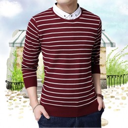 男士春秋新款韩版修身假两件针织毛衣长袖t恤青年套头品牌打底衫