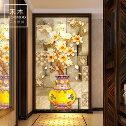 现代中式瓷砖背景墙花瓶玄关瓷砖背景墙欧式彩雕过道走廊3d富贵花
