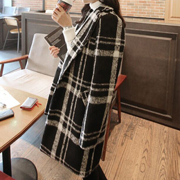 格子毛呢外套女2015新款秋装修身韩版复古英伦大码中长款呢子大衣