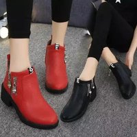 秋季新款时尚马丁靴短靴女双拉链圆头中跟百搭红色女单靴