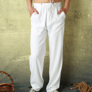 夏季男士休闲亚麻裤纯白色宽松薄款大码肥棉麻透气薄款长裤子潮