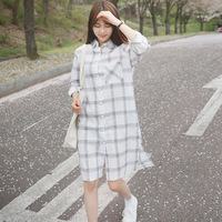 2016年新款女装韩版学院风棉麻格子衬衣裙中长款宽松长袖连衣裙