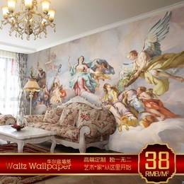 3D欧式油画天使吊顶墙纸典雅女神大型壁画客厅酒店大堂天花板壁纸