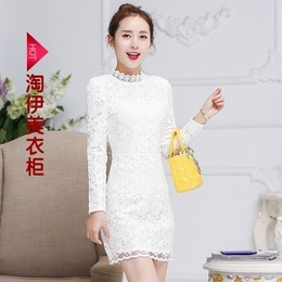 新款白色冬装韩版修身立领蕾丝连衣裙子加绒加厚打底衫女