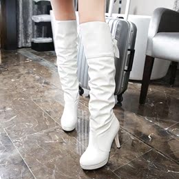 高筒靴女粗腿长靴圆头细跟高跟绑带长筒高靴秋冬白色套筒中长靴子