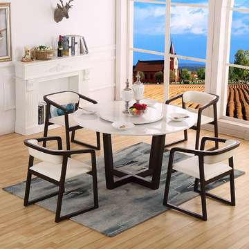 高档天然大理石圆桌餐桌全白蜡木框架椅组合可定制带转盘厂家直销