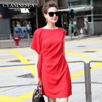 海青蓝2015夏季新款潮流钉珠通勤红色女裙时尚气质圆领女装连衣裙