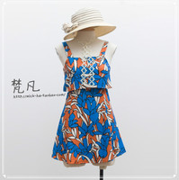【韩】夏季假日风热带印花露腰背心吊带假两件连衣裙4472
