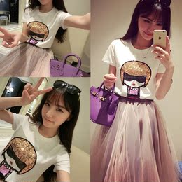 2015夏装新款韩范甜美动漫T恤女修身显瘦上衣打底体恤衫大码女装
