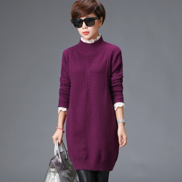 秋比2015冬装新款 中长款蕾丝装饰紫色毛衣连衣裙打底裙女加厚