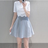 2015夏季新款韩版大码女装连衣裙高腰蕾丝拼接修身假两件短袖短裙