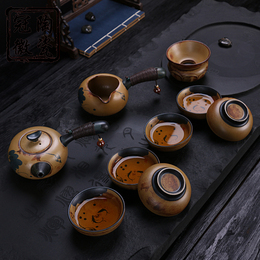 手绘仿古粗陶功夫茶具套装 陶瓷纯手工聚宝壶整套茶具茶杯礼盒装