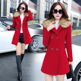 2015新款韩版中长款修身貂绒毛领双排扣带口袋毛呢外套大衣冬季女